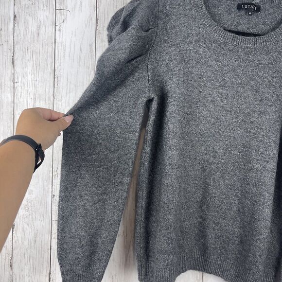 1 State Sweater Womens Medium Gray Puff Sleeve Minimalist Chic Preppy Capsule - Picture 3 of 9